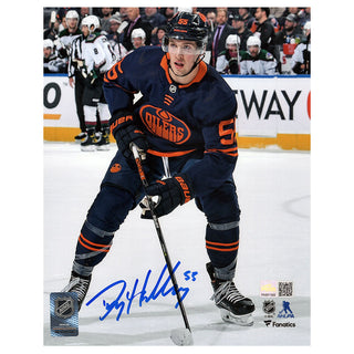 Dylan Holloway Signed Edmonton Oilers Navy Third Action 11x14 Photo