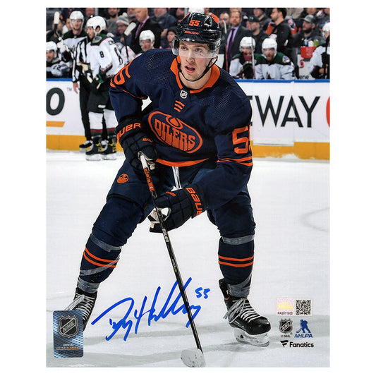 Dylan Holloway Signed Edmonton Oilers Navy Third Action 11x14 Photo
