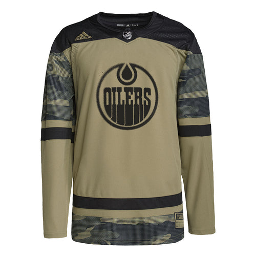 Front view of Edmonton Oilers Camo NHL warm up jersey 