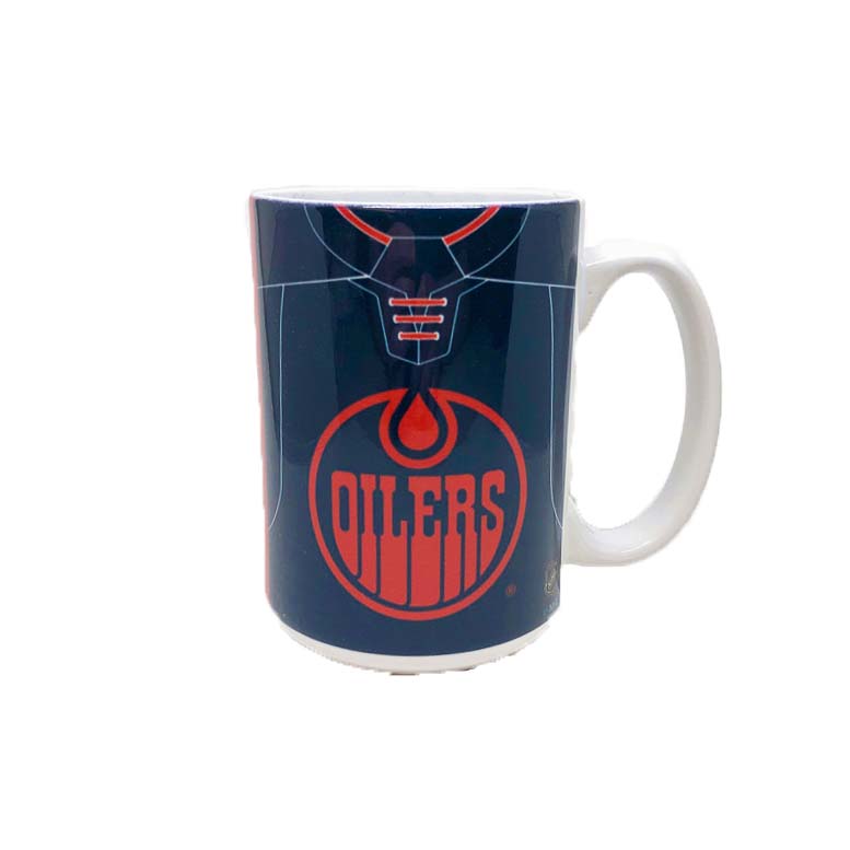 Front view of white ceramic mug with Edmonton Oilers navy alternate jersey design