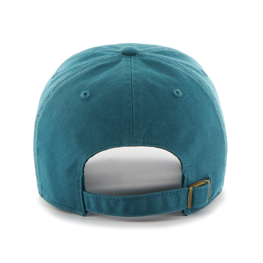 Back view of Florida Marlins cooperstown '47 clean up cap, showing hat's self-fabric strap for adjustment;