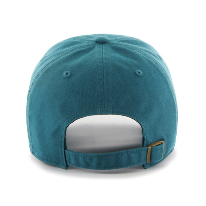 Back view of Florida Marlins cooperstown '47 clean up cap, showing hat's self-fabric strap for adjustment;