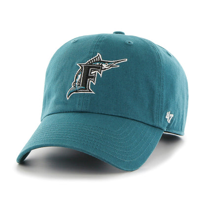 Florida Marlins cooperstown '47 Clean Up Cap. Hat is constructed in teal cotton twill and features a full colour Marlins logo. 