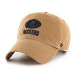 Green Bay Packers  '47 Clean Up Cap in Dune; cap is constructed in tan brown cotton twill with team logo in raised black embroidery. The Clean Up cap is a relaxed, curved one-size-fits-all fit with self-fabric strap for adjustment.