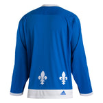 Back view of the adidas vintage team classics 1979 Quebec Nordiques jersey. fleur de lis along the bottom hem. JErsy body is blue with white hems and collar. there is a small embroidered adidas logo on the right side of the bottom hem. 