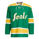 Front view of the adidas vintage team classics 1970 California Golden Seals jersey featuring yellow and white text logo. Jersey is primarily green with bands of yellow and white. Collar has lace up detail. 