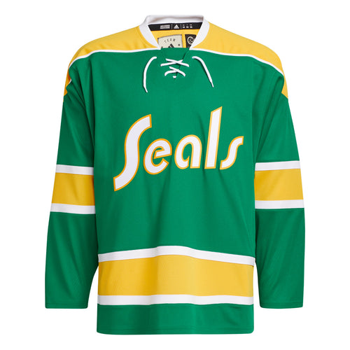 Front view of the adidas vintage team classics 1970 California Golden Seals jersey featuring yellow and white text logo. Jersey is primarily green with bands of yellow and white. Collar has lace up detail. 