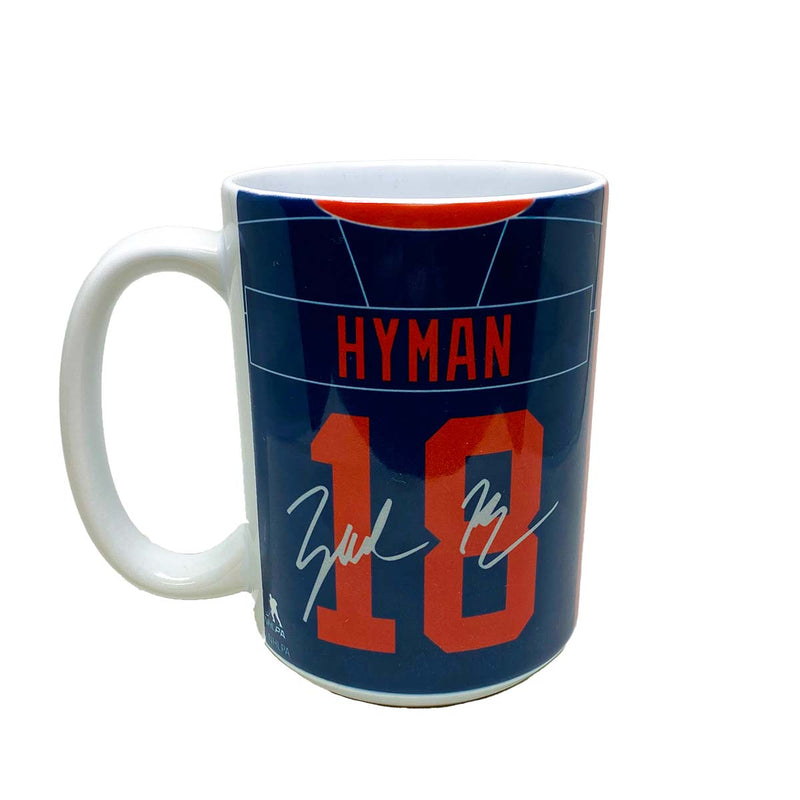 Back of Zach Hyman jersey mug featuring navy alternate Edmonton Oilers jersey design and facsimile autograph