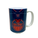 Front of Zach Hyman jersey mug featuring navy alternate Edmonton Oilers jersey design
