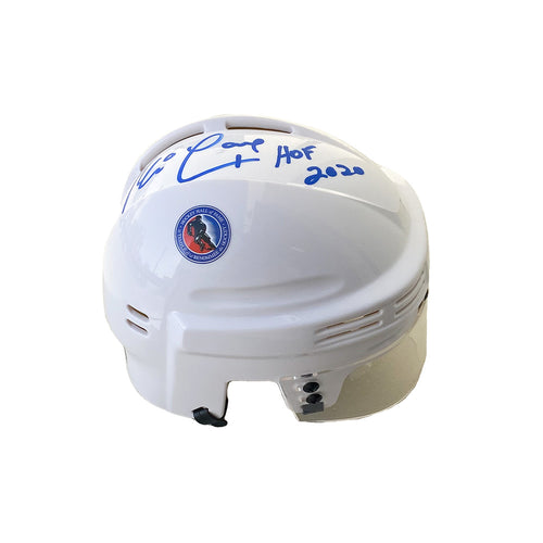 Right side view of Kevin Lowe Signed White Mini Helmet  with "HOF 2020" inscription in blue ink 