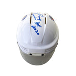 Front top view of Kevin Lowe Signed White Mini Helmet, helmet is signed in blue ink with inscription "HOF 2020"