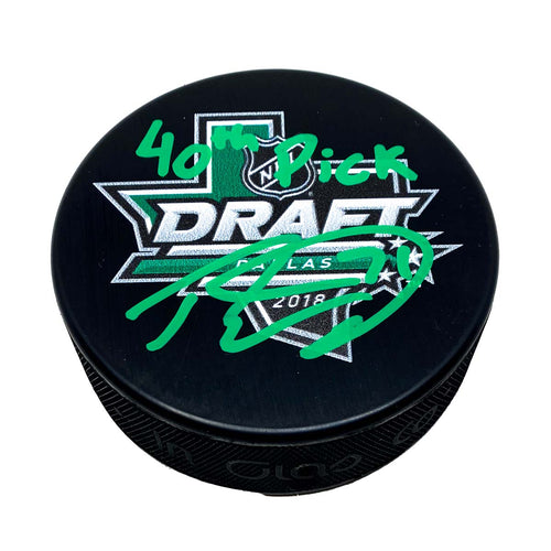 2018 NHL Draft puck signed by Ryan McLeod in green ink with "40th Pick" inscription