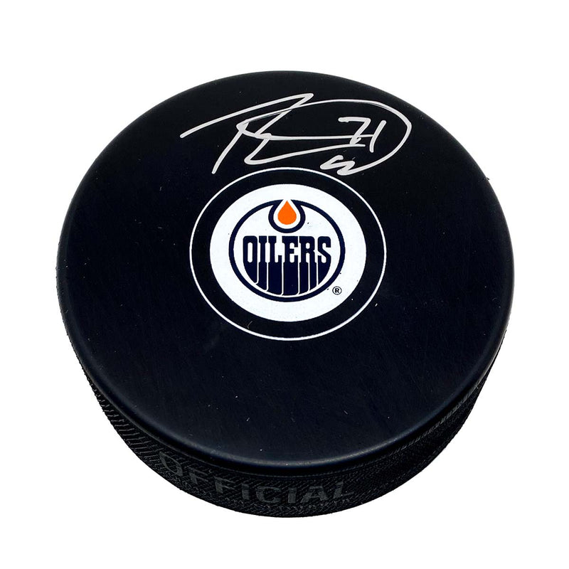 Edmonton Oilers Souvenir puck signed by Ryan McLeod in silver ink