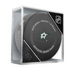 Official 2021-22 Dallas Stars NHL game puck; puck design features Stars logo in the centre of the front face of the puck. Puck is pictured displayed in a clear puck case.