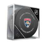 Official 2021-22 Florida Panthers NHL game puck; puck design features Panthers logo in the centre of the front face of the puck. Puck is photographed displayed in clear acrylic puck cube