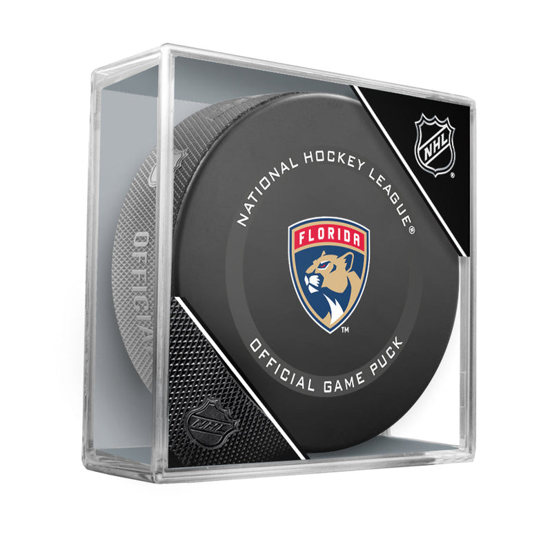 Official 2021-22 Florida Panthers NHL game puck; puck design features Panthers logo in the centre of the front face of the puck. Puck is photographed displayed in clear acrylic puck cube