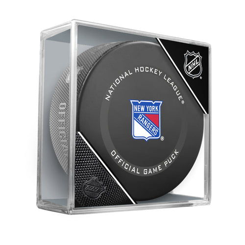 Official 2021-22 New York Rangers NHL game puck; design features the Rangers crest logo in the centre of the front face of the puck. Puck is pictured displayed in a clear puck case 