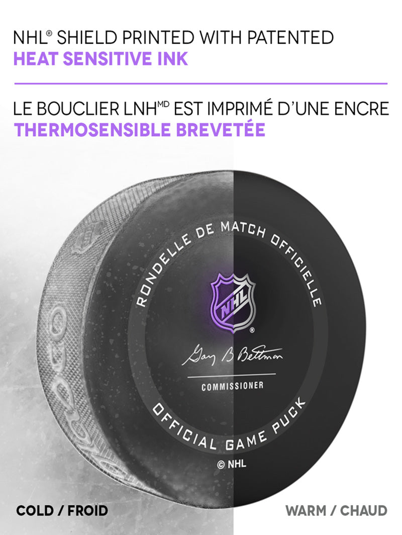 Graphic explaining NHL official game puck patented heat sensitive ink that turns purple when cold. 