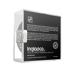 Back view of official NHL game puck display case, with NHL branding and shield logos, NHL trademark information, and Inglasco brand information 