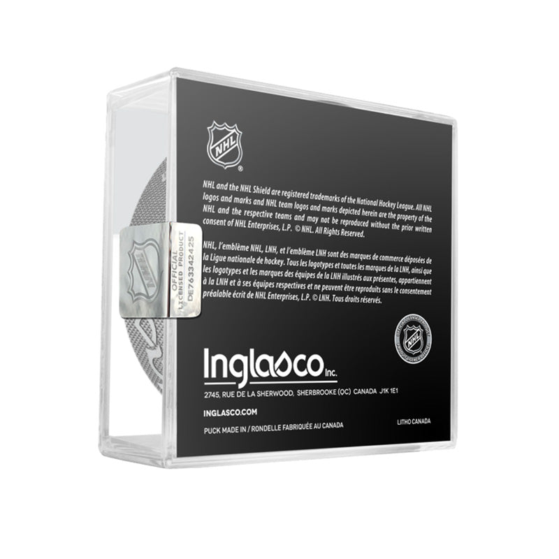 Back view of official NHL game puck display case, with NHL branding and shield logos, NHL trademark information, and Inglasco brand information 