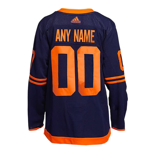 Back side of a navy and orange third alternate Edmonton Oilers NHL jersey, shown with 00 as the numbers and "any name" in the name bar. Orange stripes on sleeves and orange bottom hem.