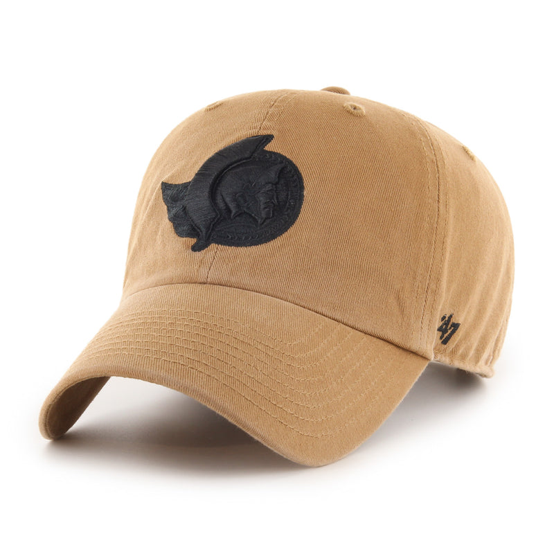 Front view of Ottawa Senators '47 Dune Clean Up Cap; design features all-black embroidered logo on a tan brown twill cap. 