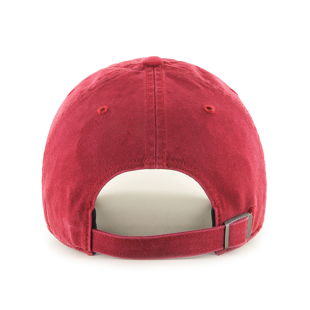 Back view of red Philadelphia Phillies cooperstown '47 Clean Up Cap, showing hat's self-fabric strap for size adjustment
