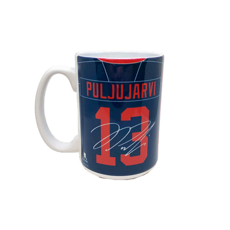 Back view of white ceramic mug featuring Jesse Puljujarvi Edmonton Oilers navy alternate jersey design with facsimile autograph