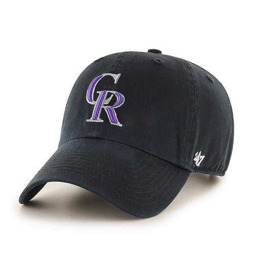 Colorado Rockies '47 Clean Up Cap with purple and grey raised embroidery logo and black cotton twill construction. 
