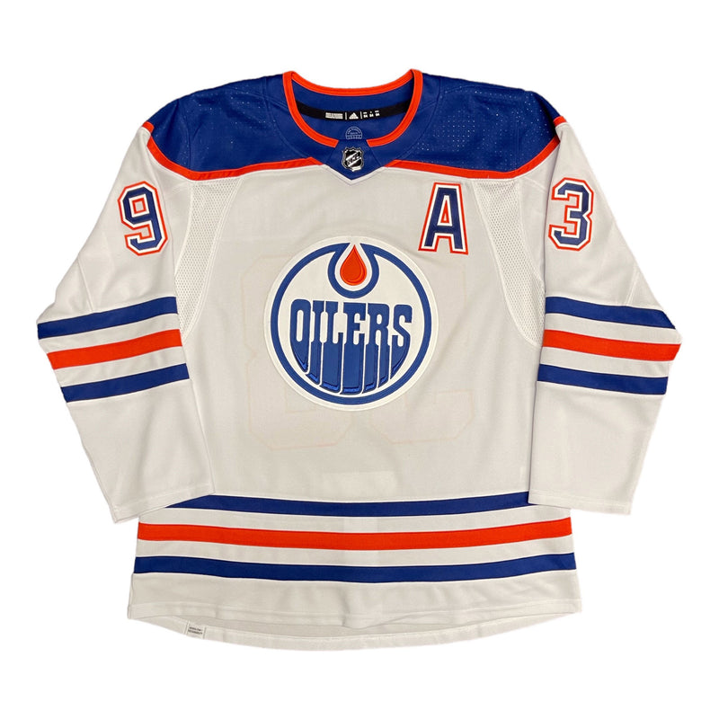Men's NHL Edmonton Oilers Ryan Nugent-Hopkins Adidas Primegreen Away White  - Authentic Pro Jersey with ON ICE Cresting - Sports Closet