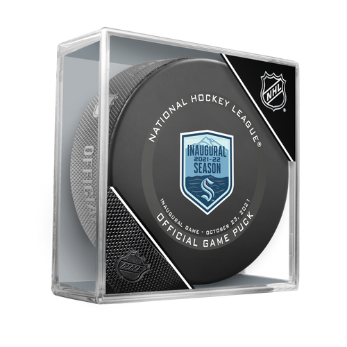 Black hockey puck with official NHL Inaugural Seattle Kraken game puck design. Puck is show in clear puck case. 