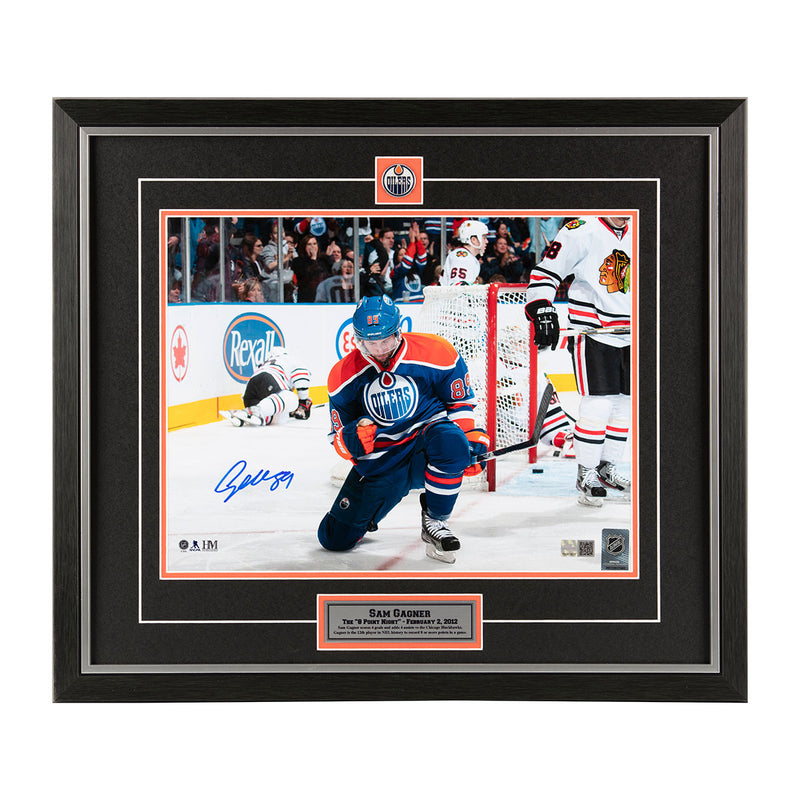 Sam Gagner Edmonton Oilers Blue Kneel Celebration 8 Point Night Signed 8x10 Photo