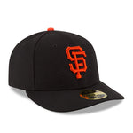 Front view angled to the right of black San Francisco Giants MLB baseball cap with orange embroidered logo on front. Low profile style 59Fifty cap from New Era.