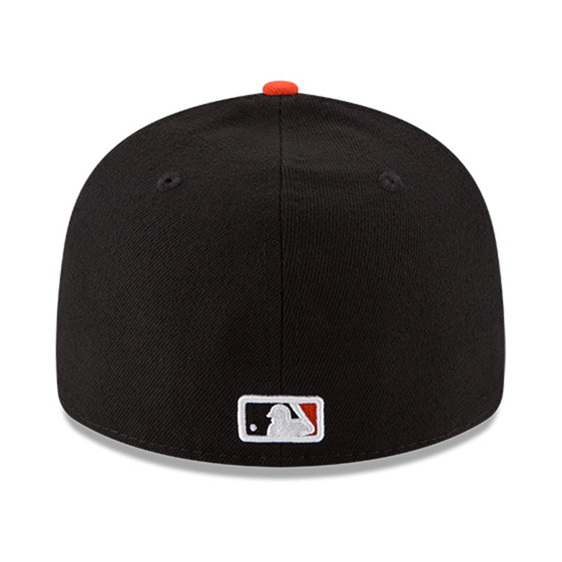 Back view of black San Francisco Giants cap with embroidered MLB batterman logo on the bottom, low profile design New Era 59Fifty fitted baseball hat