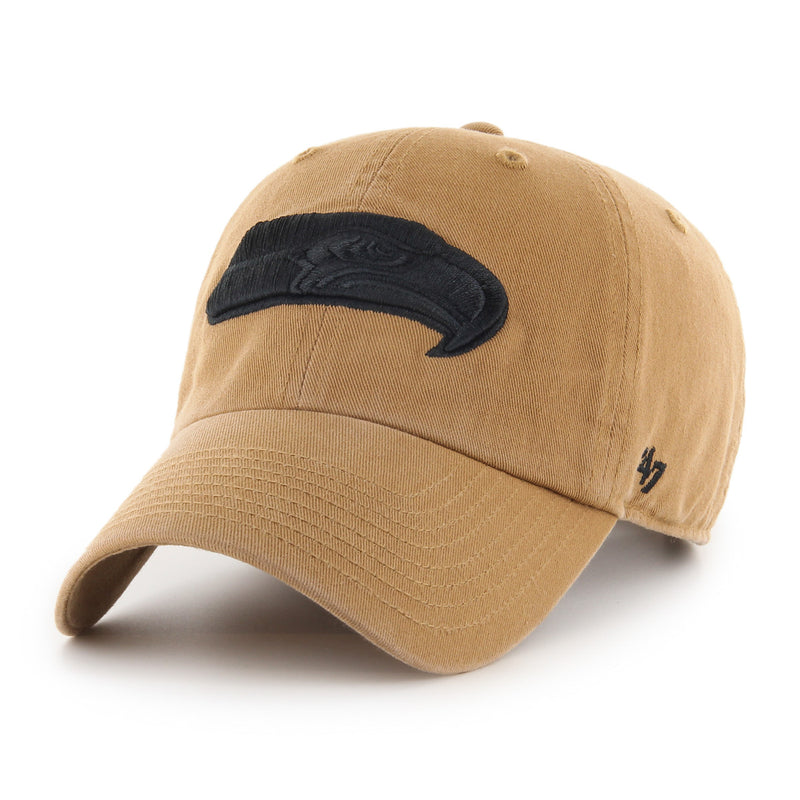 Seattle Seahawks '47 Clean Up Cap in Dune; cap is constructed in tan brown cotton twill with team logo in raised black embroidery. The Clean Up cap is a relaxed, curved one-size-fits-all fit with self-fabric strap for adjustment.