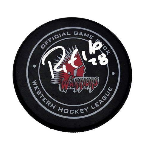 Black WHL official game puck with Moose Jaw Warriors logo, puck is signed by Ryan Smyth. 