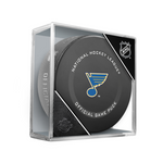 Official 2021-22 St. Louis Blues NHL game puck; puck design features Blues' logo in the centre of the puck face. Puck is shown displayed in clear plastic puck cube 