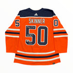 Stuart Skinner Signed & Inscribed - 1st Game, 1st Win - Edmonton Oilers adidas Home Orange Pro Jersey