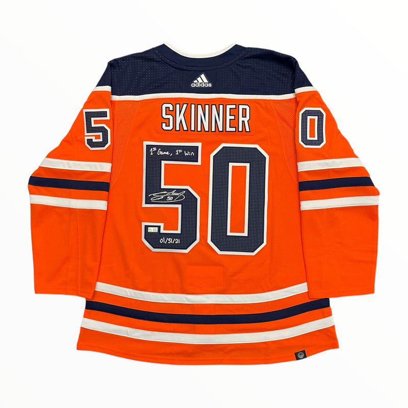 Stuart Skinner Signed & Inscribed - 1st Game, 1st Win - Edmonton Oilers adidas Home Orange Pro Jersey
