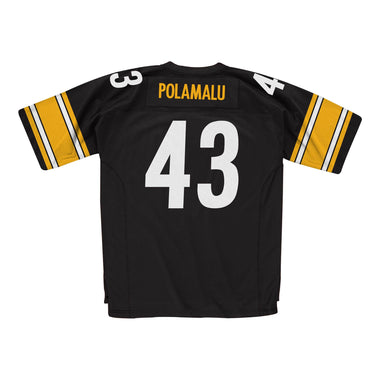 A Troy Polamalu Pittsburgh Steelers Mitchell & Ness NFL Legacy Jersey featuring the number 43, predominantly black with yellow and white accents.