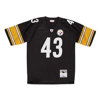 A Troy Polamalu Pittsburgh Steelers Mitchell & Ness NFL Legacy Jersey featuring the number 43, predominantly black with yellow and white accents.