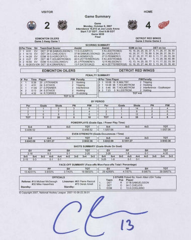 Autographed game summary of Andrew Cogliano first goal 