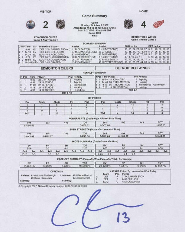 Autographed game summary of Andrew Cogliano first goal 