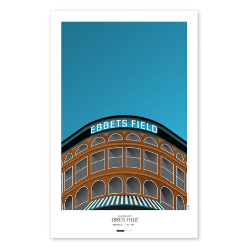 Poster print from artist S. Preston's collection of minimalist stadium art, this poster features the entrance and signage of heritage field Ebbets Field, which was home to the Brooklyn Dodgers