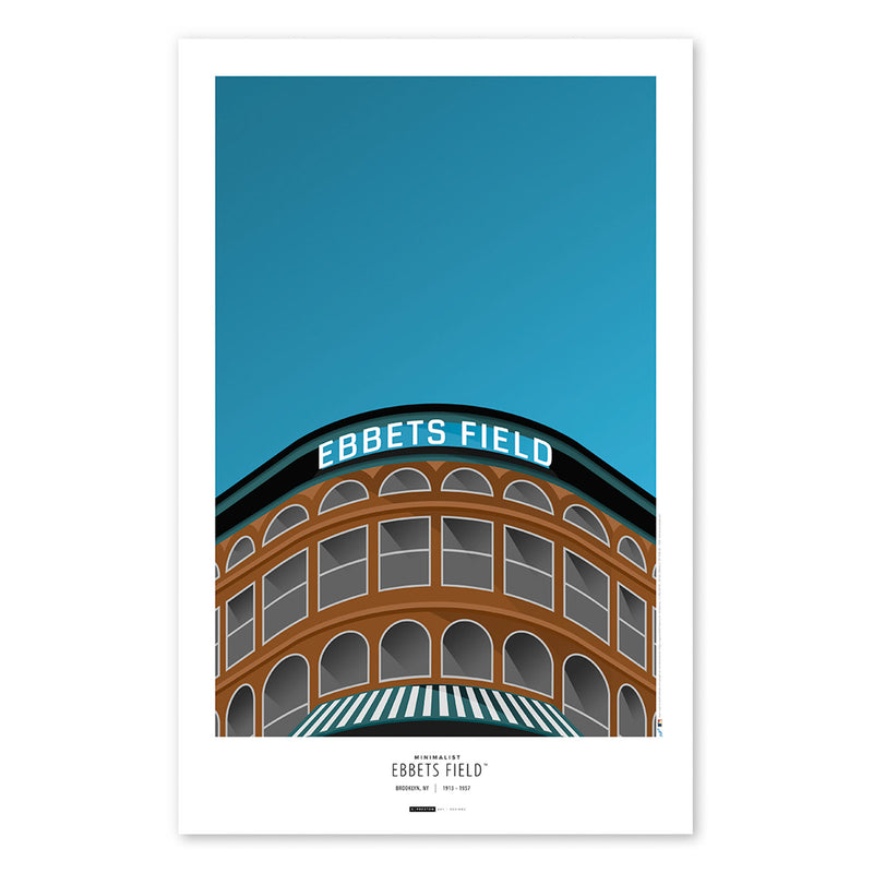 Poster print from artist S. Preston's collection of minimalist stadium art, this poster features the entrance and signage of heritage field Ebbets Field, which was home to the Brooklyn Dodgers