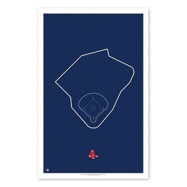 Poster print with minimalist line art design of Fenway Park, home of the Red Sox. Field outline is in white with team logo  below illustration. Background of poster is blue. 