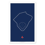 Poster print with minimalist line art design of Fenway Park, home of the Red Sox. Field outline is in white with team logo  below illustration. Background of poster is blue. 