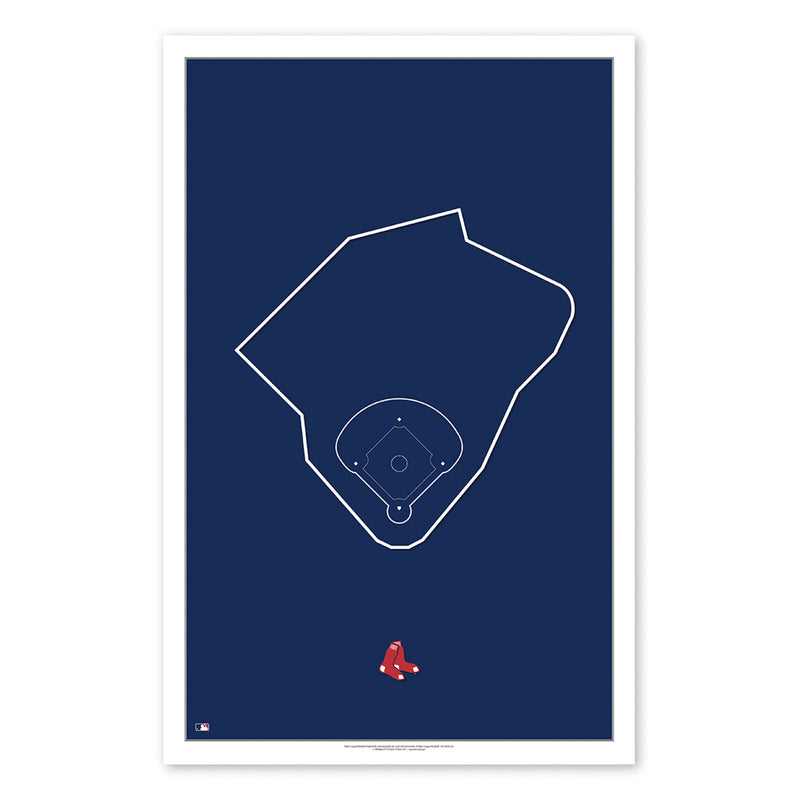 Poster print with minimalist line art design of Fenway Park, home of the Red Sox. Field outline is in white with team logo  below illustration. Background of poster is blue. 