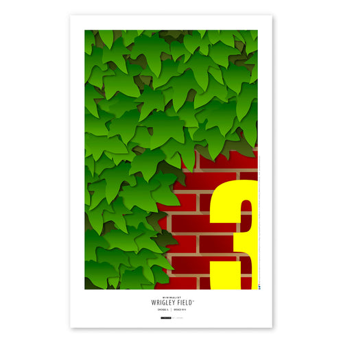 Poster print featuring illustration of the ivy wall at Wrigley Field, capturing the ivy-covered brick wall with yellow numbers. Title information is at the bottom of the poster. 