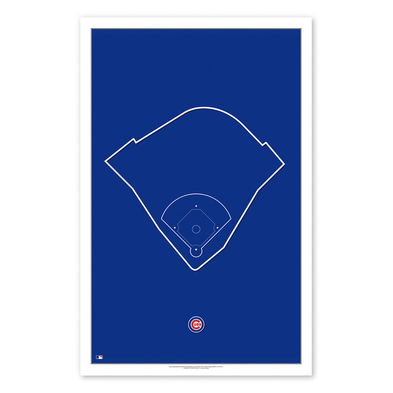 Poster print featuring a minimalist outline  design of Wrigley Field, home of the Chicago Cubs. Baseball field outline in white, on a blue background. Small Cubs logo at the bottom of print. 